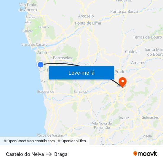 Castelo do Neiva to Braga map