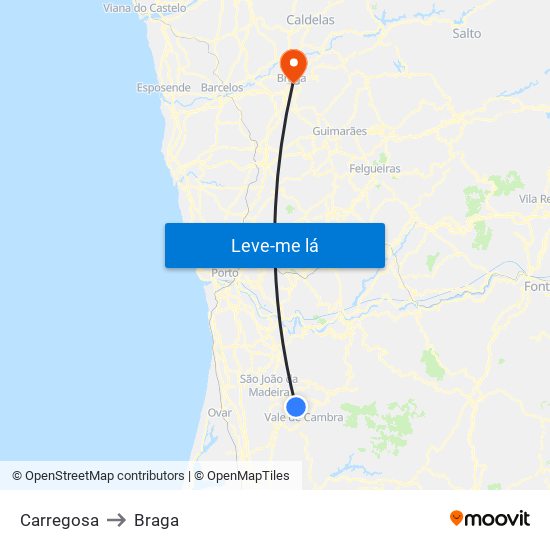 Carregosa to Braga map