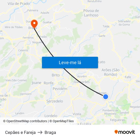 Cepães e Fareja to Braga map