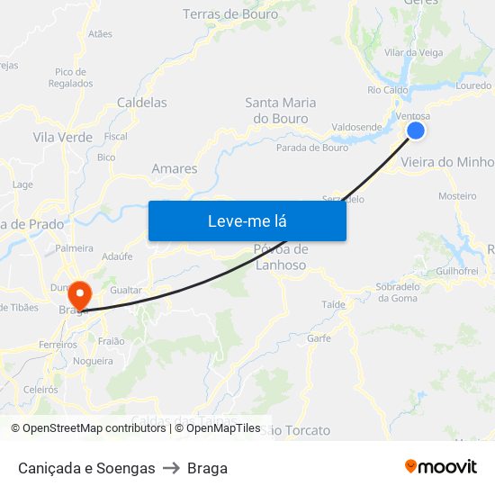 Caniçada e Soengas to Braga map