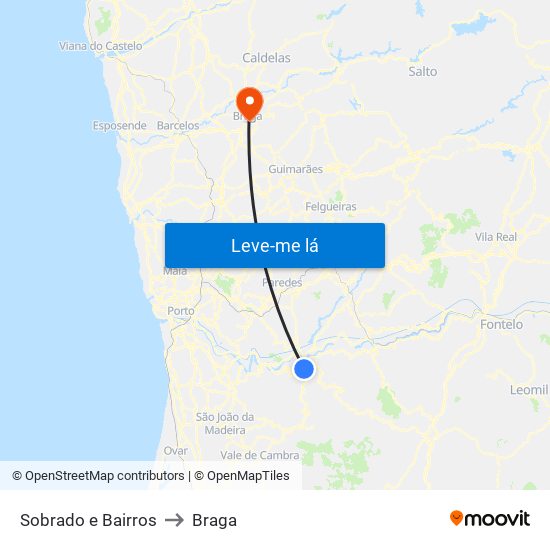 Sobrado e Bairros to Braga map