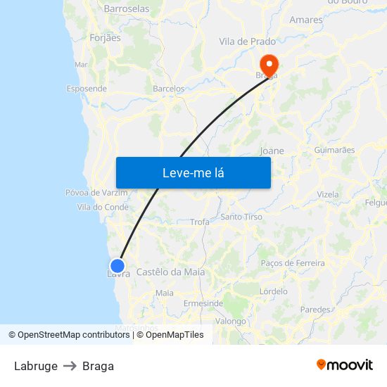 Labruge to Braga map
