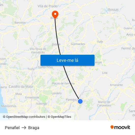 Penafiel to Braga map