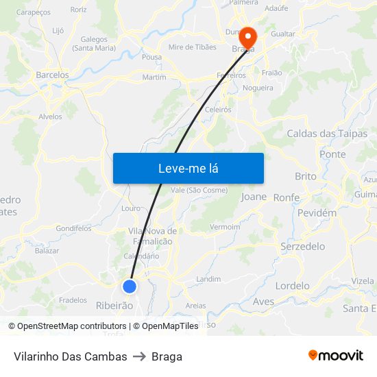 Vilarinho Das Cambas to Braga map