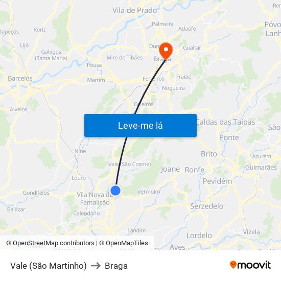 Vale (São Martinho) to Braga map