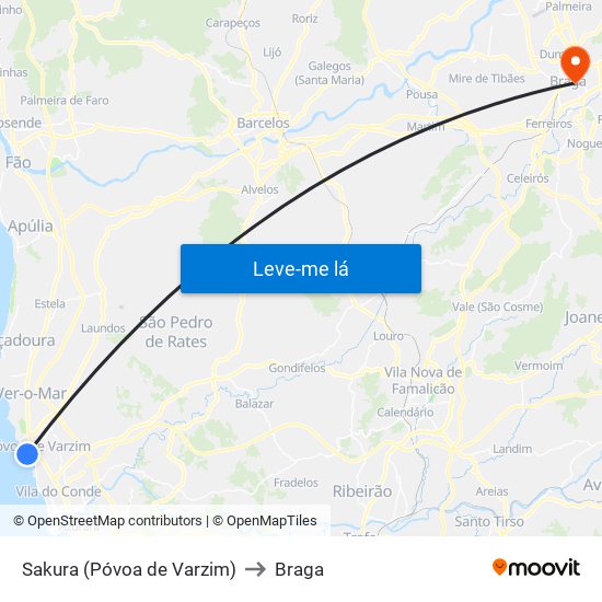 Sakura (Póvoa De Varzim) to Braga map