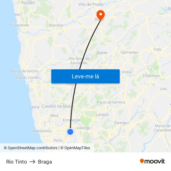 Rio Tinto to Braga map
