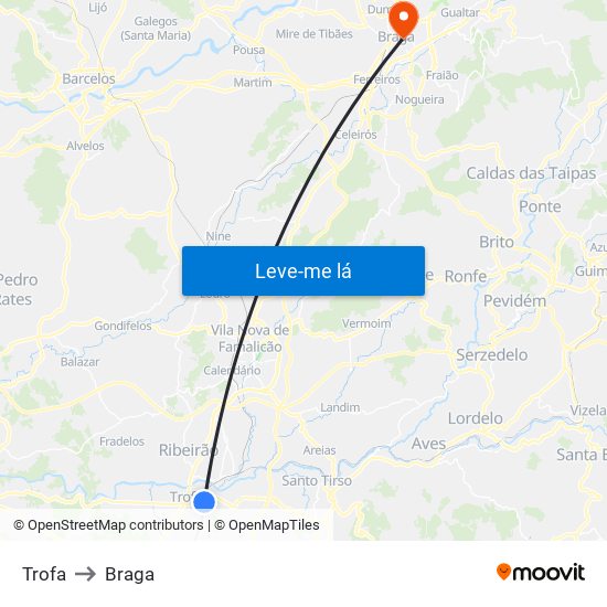 Trofa to Braga map