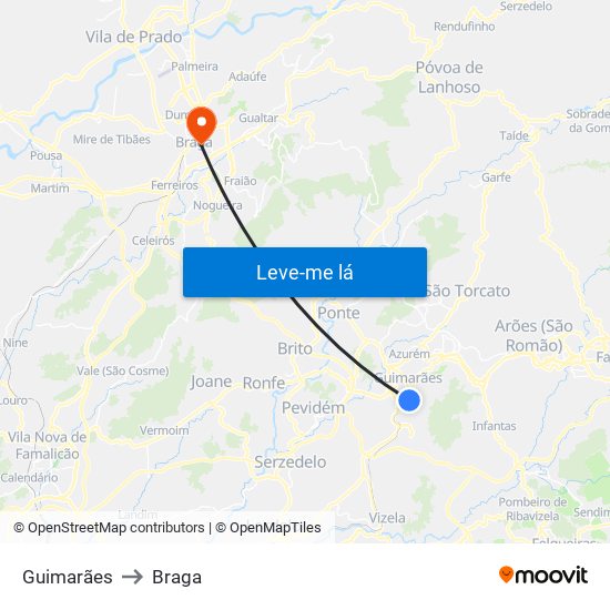 Guimarães to Braga map