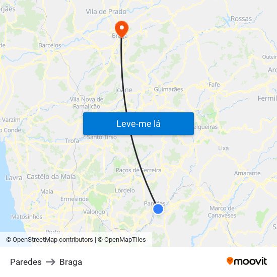 Paredes to Braga map