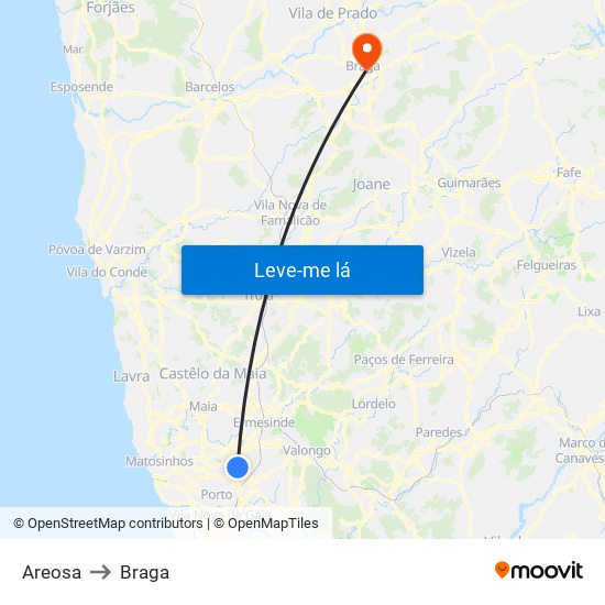 Areosa to Braga map
