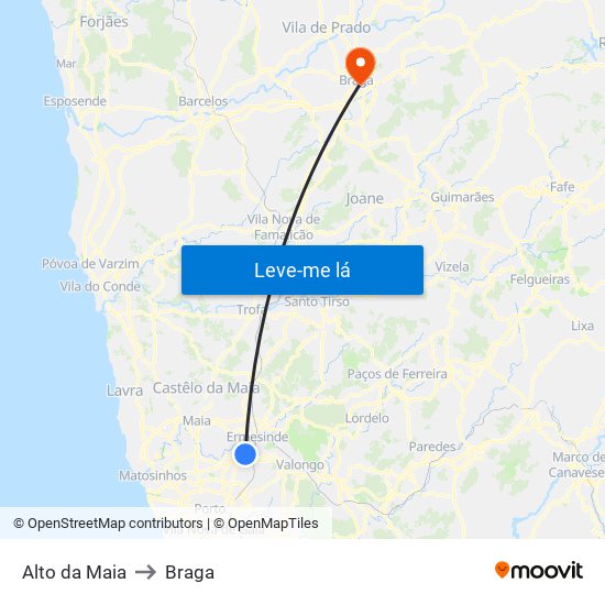 Alto da Maia to Braga map