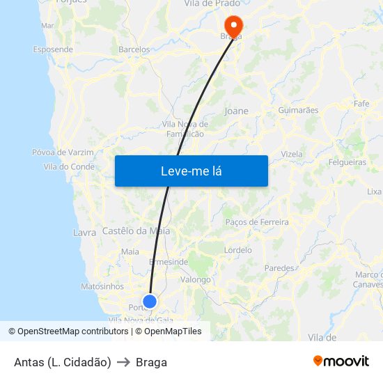 Antas (L. Cidadão) to Braga map