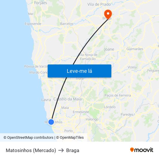 Matosinhos (Mercado) to Braga map