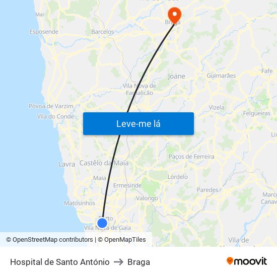 Hospital de Santo António to Braga map