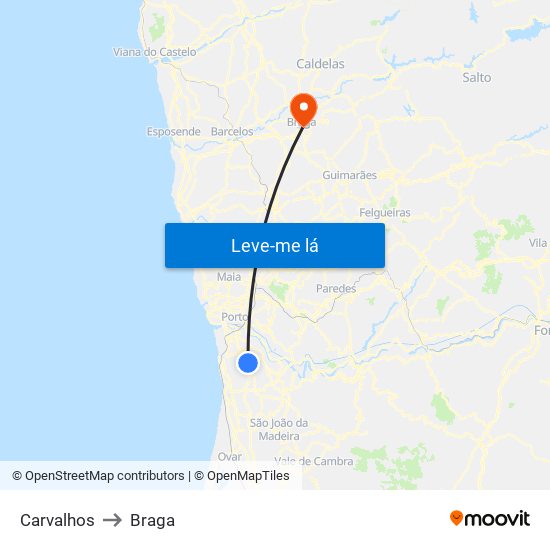 Carvalhos to Braga map