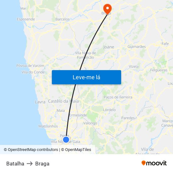 Batalha to Braga map