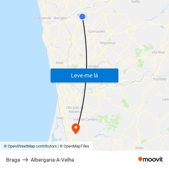 Braga to Albergaria-A-Velha map