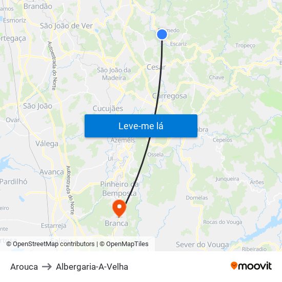 Arouca to Albergaria-A-Velha map