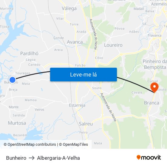 Bunheiro to Albergaria-A-Velha map