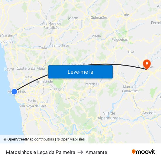 Matosinhos e Leça da Palmeira to Amarante map