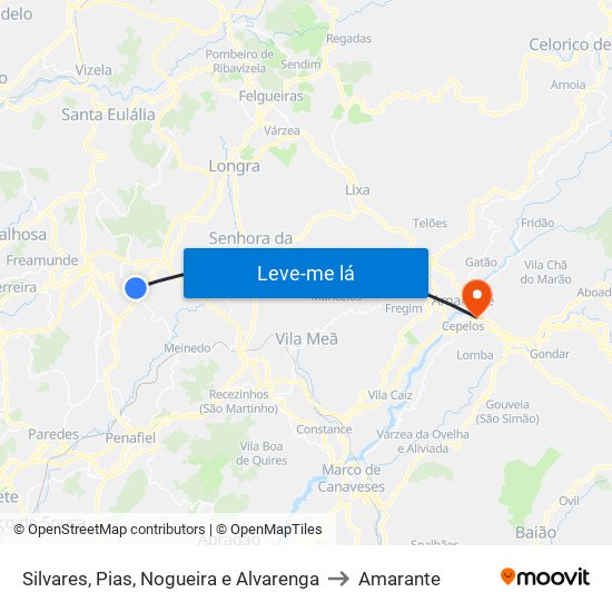 Silvares, Pias, Nogueira e Alvarenga to Amarante map