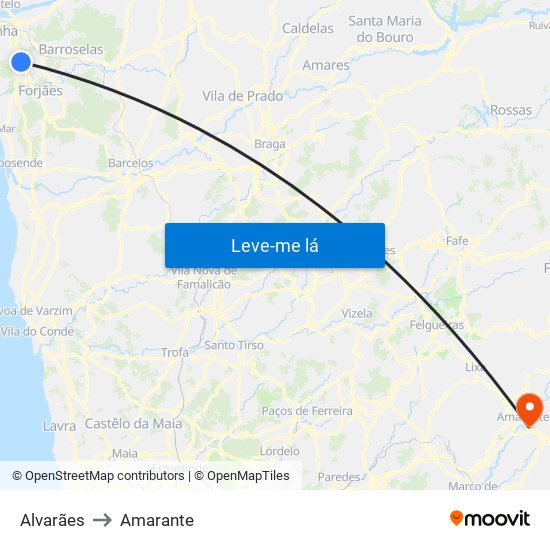 Alvarães to Amarante map