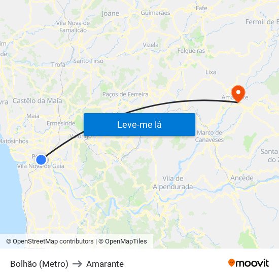Bolhão (Metro) to Amarante map