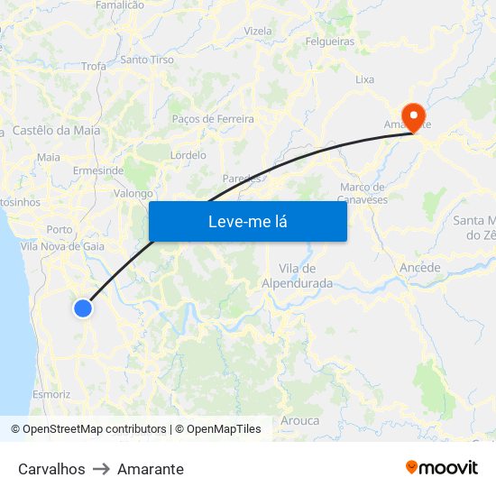 Carvalhos to Amarante map
