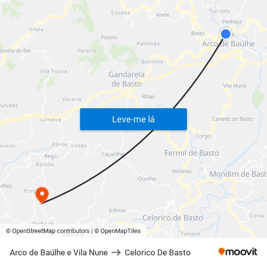 Arco de Baúlhe e Vila Nune to Celorico De Basto map