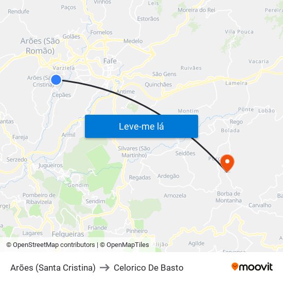 Arões (Santa Cristina) to Celorico De Basto map