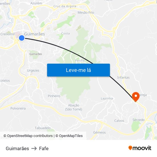 Guimarães to Fafe map