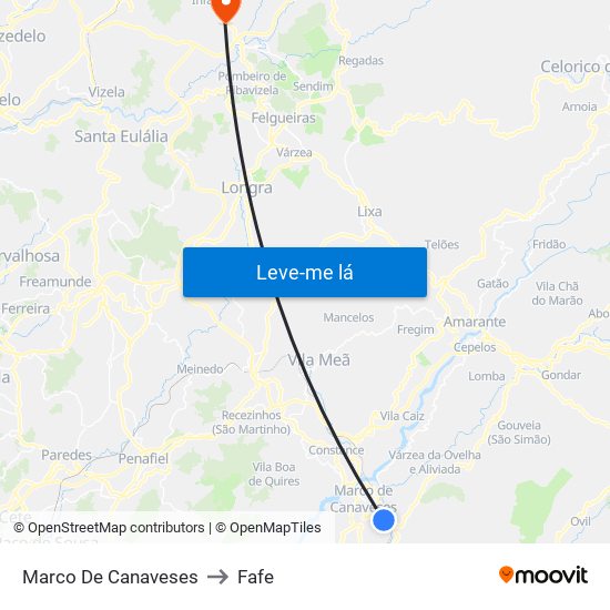 Marco De Canaveses to Fafe map