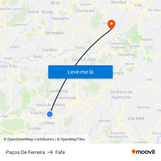 Paços De Ferreira to Fafe map