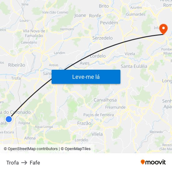 Trofa to Fafe map