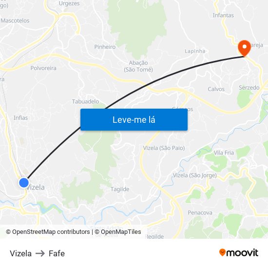 Vizela to Fafe map