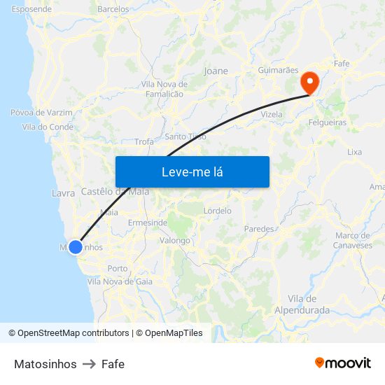 Matosinhos to Fafe map