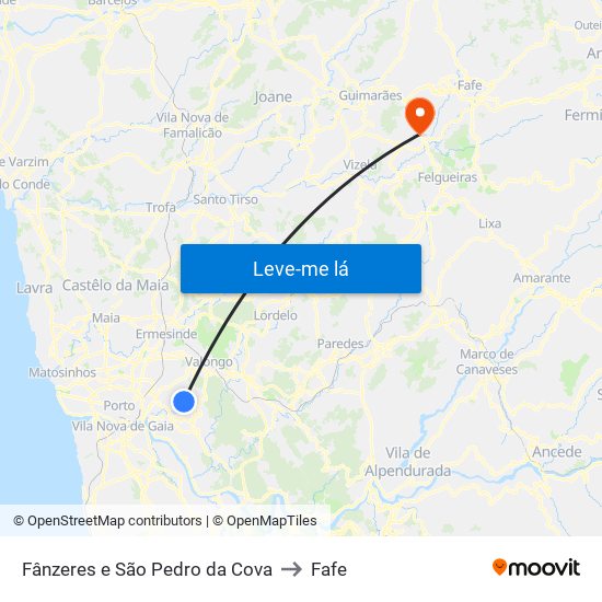 Fânzeres e São Pedro da Cova to Fafe map