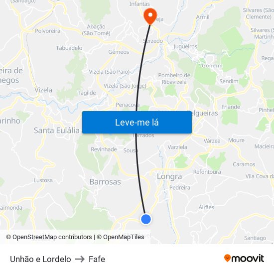 Unhão e Lordelo to Fafe map
