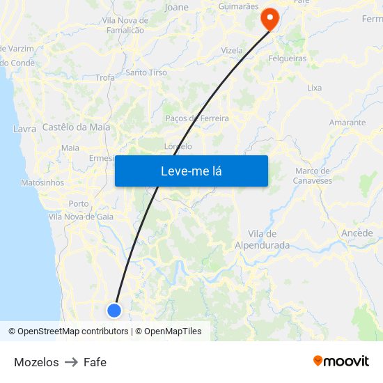 Mozelos to Fafe map