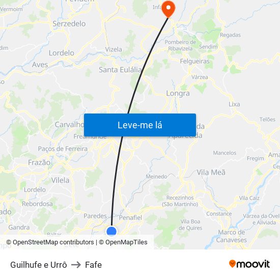 Guilhufe e Urrô to Fafe map