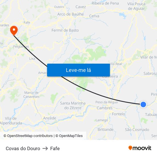 Covas do Douro to Fafe map