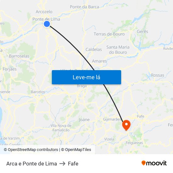 Arca e Ponte de Lima to Fafe map