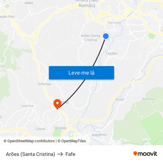 Arões (Santa Cristina) to Fafe map
