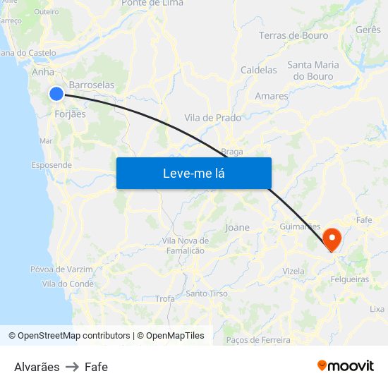 Alvarães to Fafe map