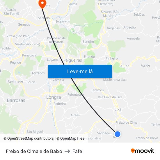 Freixo de Cima e de Baixo to Fafe map
