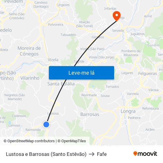 Lustosa e Barrosas (Santo Estêvão) to Fafe map