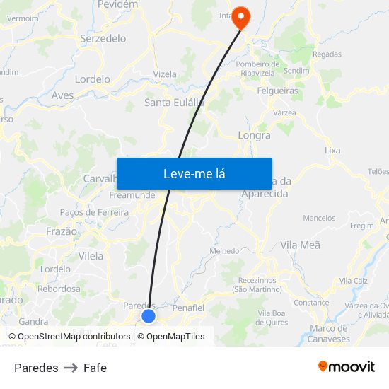 Paredes to Fafe map