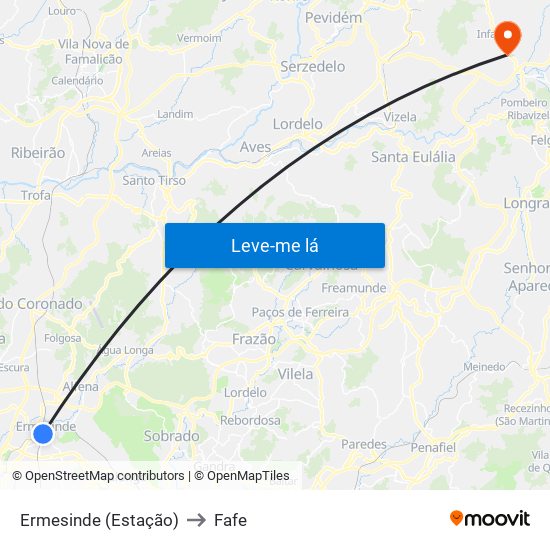 Ermesinde (Estação) to Fafe map