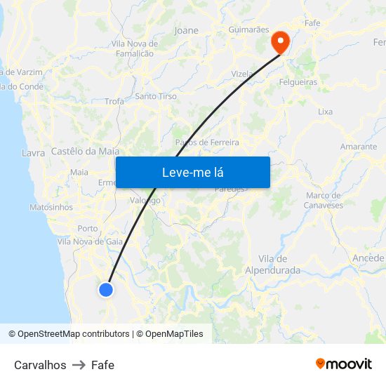 Carvalhos to Fafe map